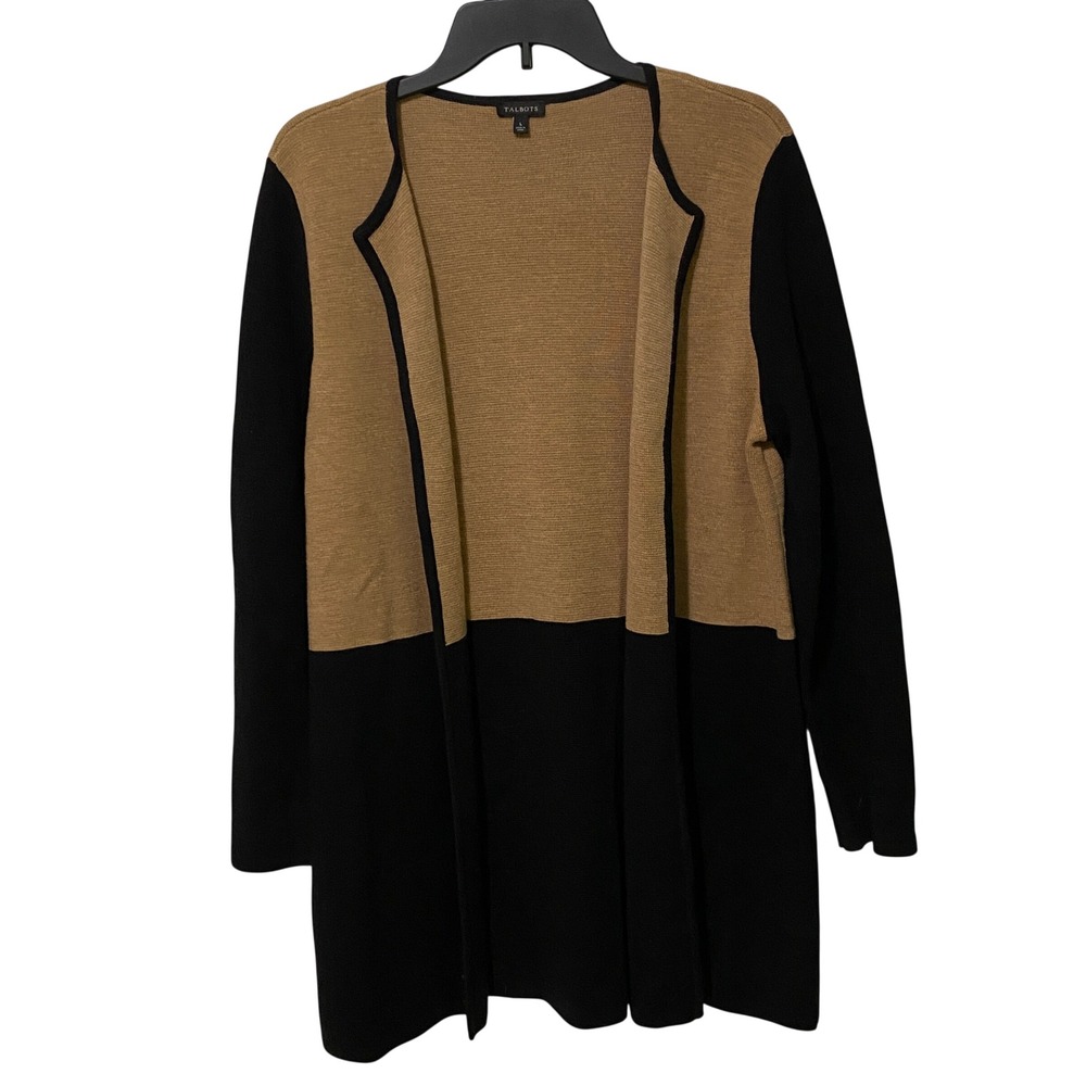 Talbots Womens Large Merino Wool Blend Colorblock Open Front Cardigan Tan Black